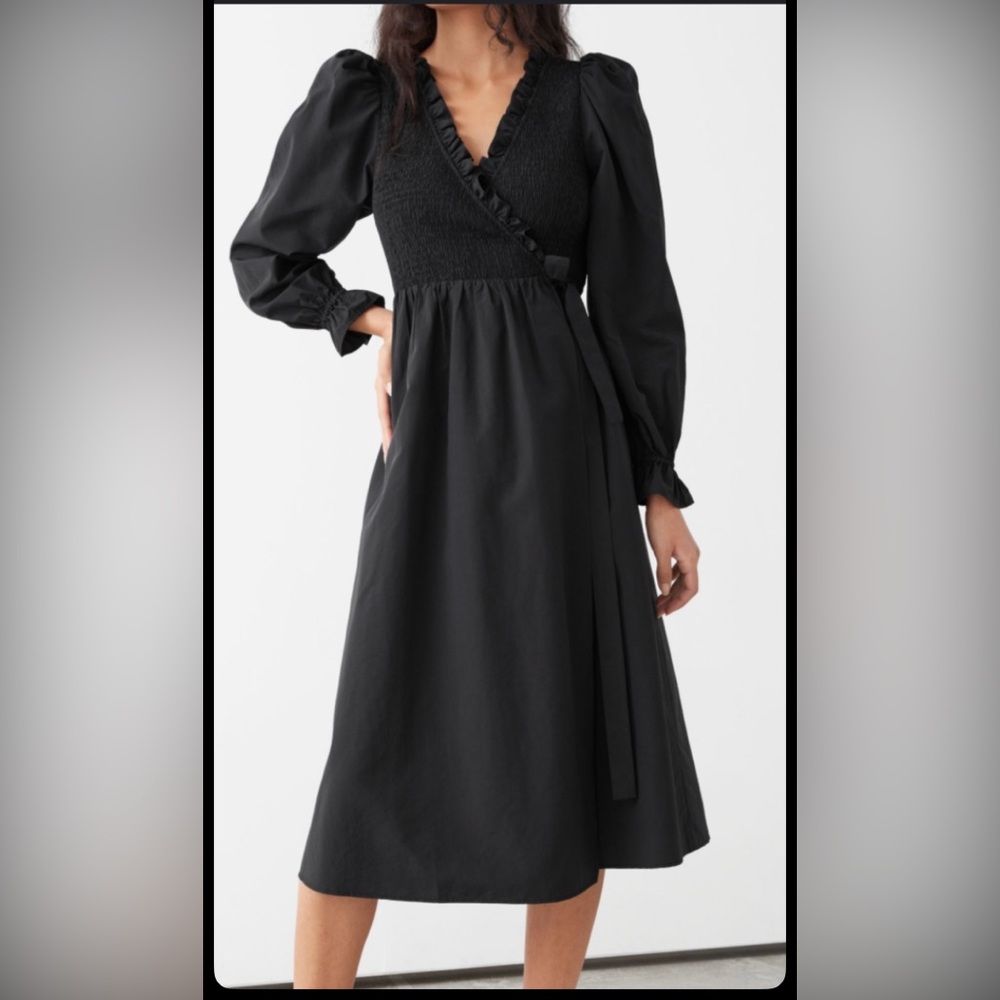 & Other Stories Black Long Sleeve Smocked Wrap Midi Dress